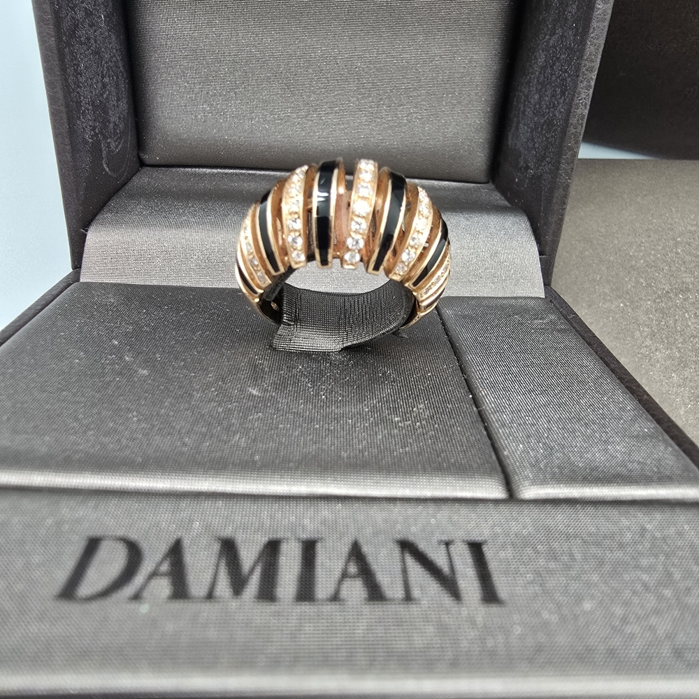 Rare Made in Italy Damiani 18K Rose gold Diamond Onyx Dome Ring Sz 6,5/7 - Picture 11 of 14